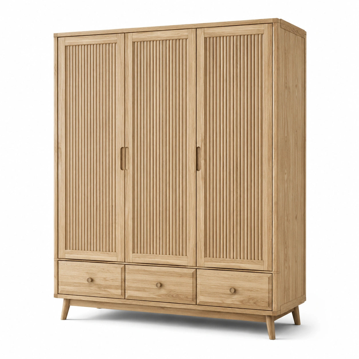 Armoire en bois de chêne avec portes rainurées et tiroirs