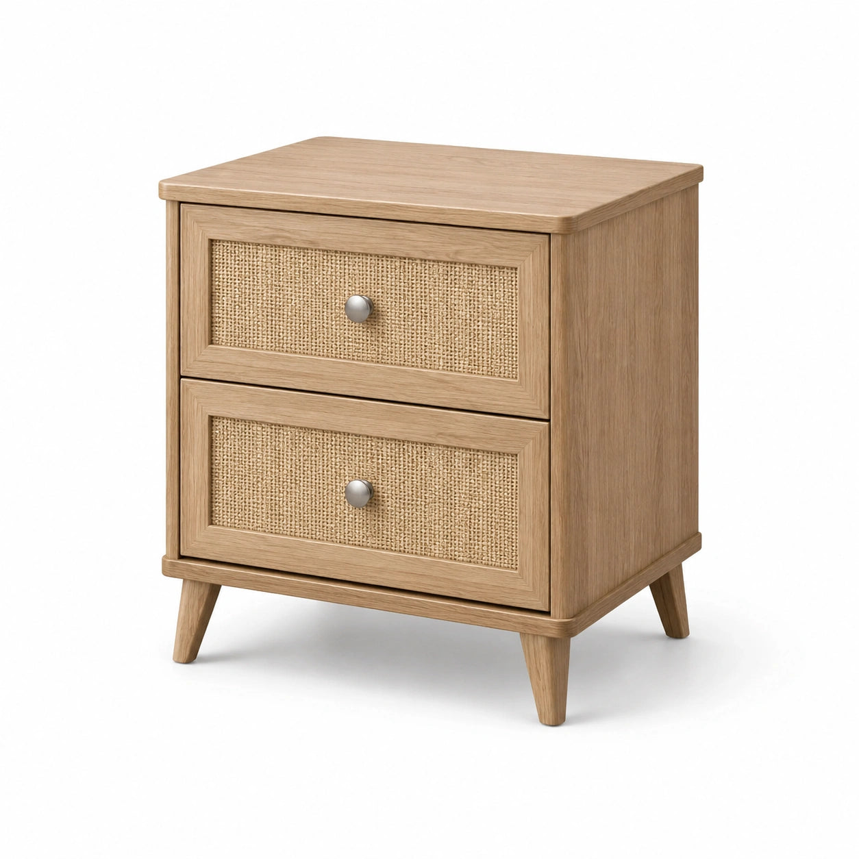 Table de chevet en bois clair avec façades en rotin et 2 tiroirs