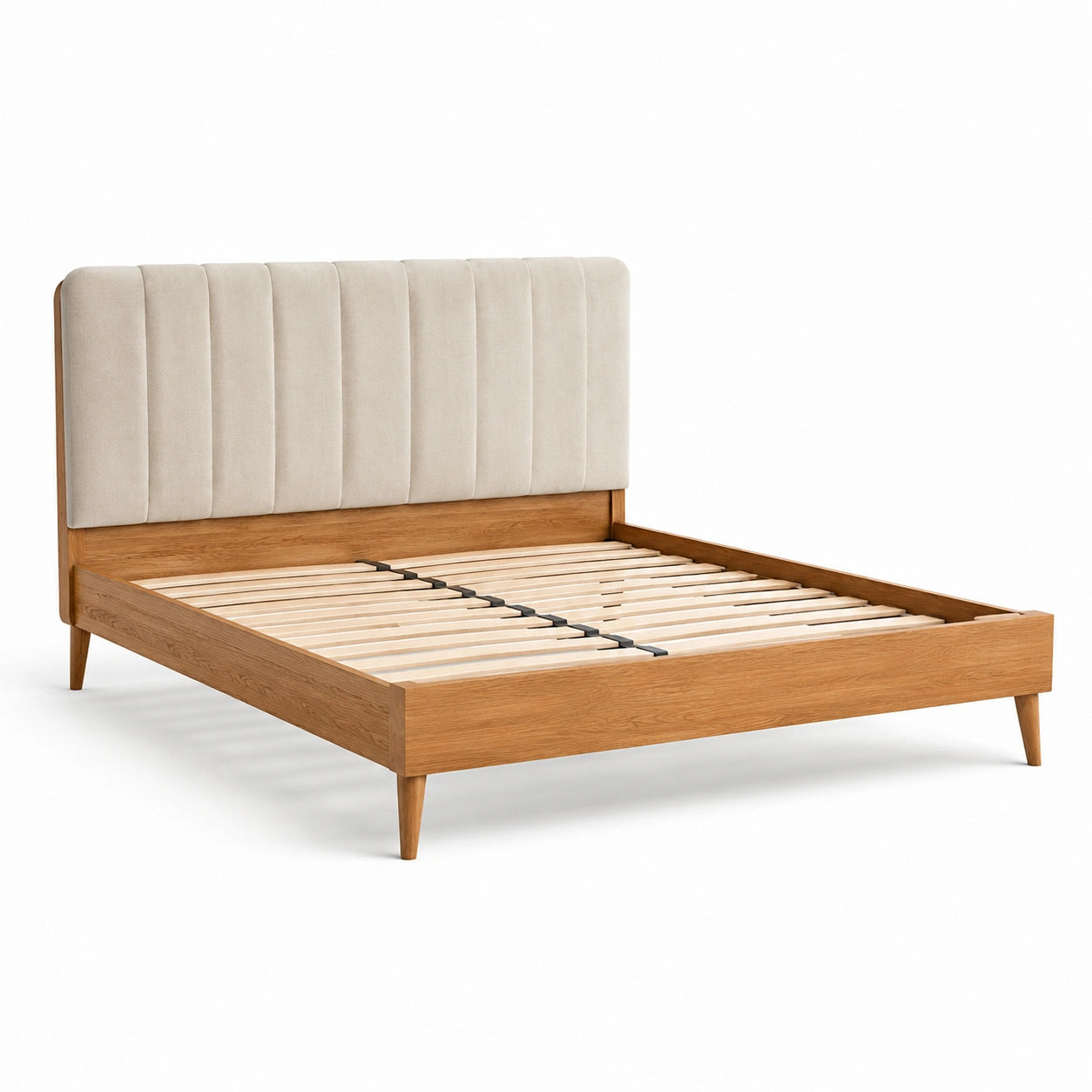 Lit double en bois avec tête de lit en tissu beige 200x160 cm